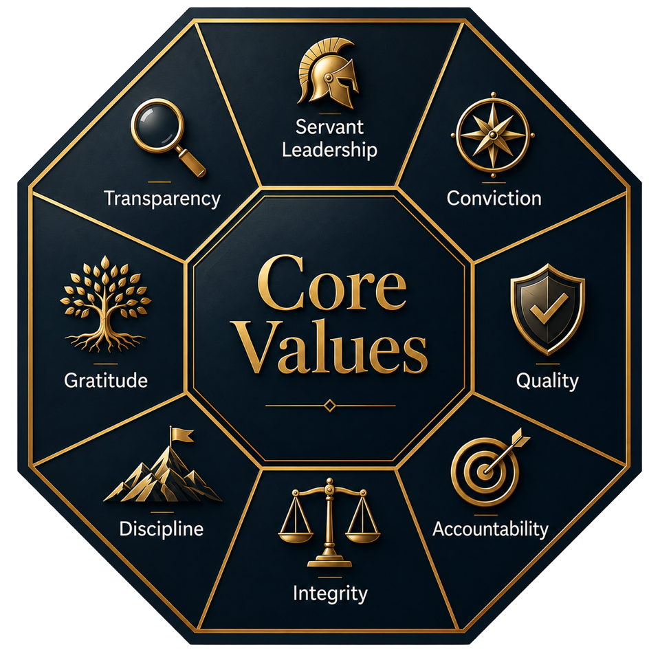 The eight Other Side Asset Management core values arranged around a central hub: servant leadership, conviction, quality, accountability, integrity, discipline, gratitude, and transparency.